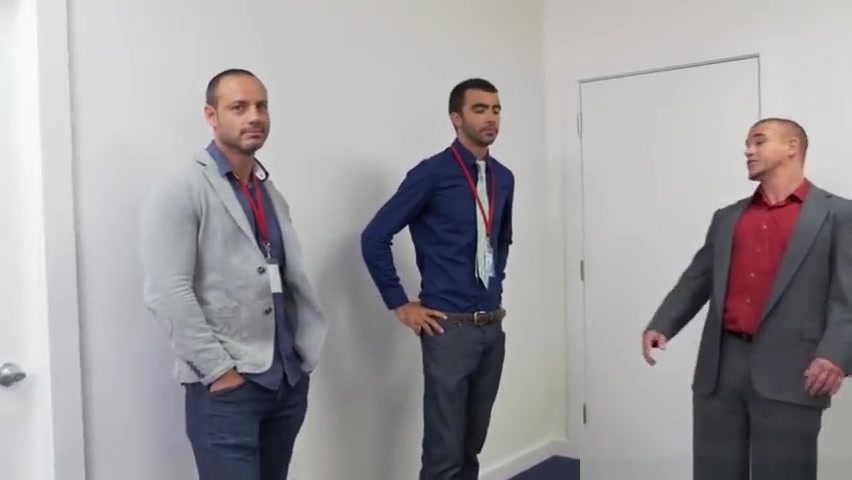 Suited studs assfuck on swing in office