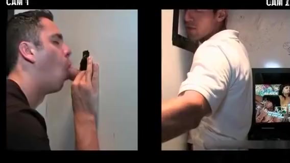 Dude gets blowjob through gloryhole by kinky gay dude