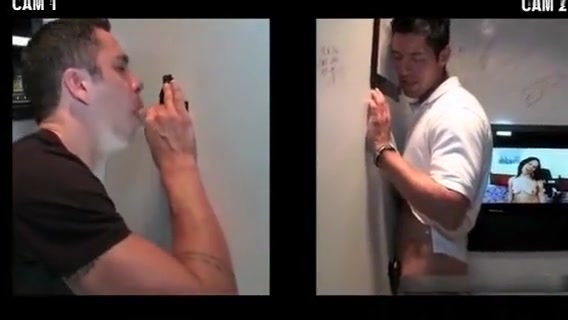 Dude gets blowjob through gloryhole by kinky gay dude