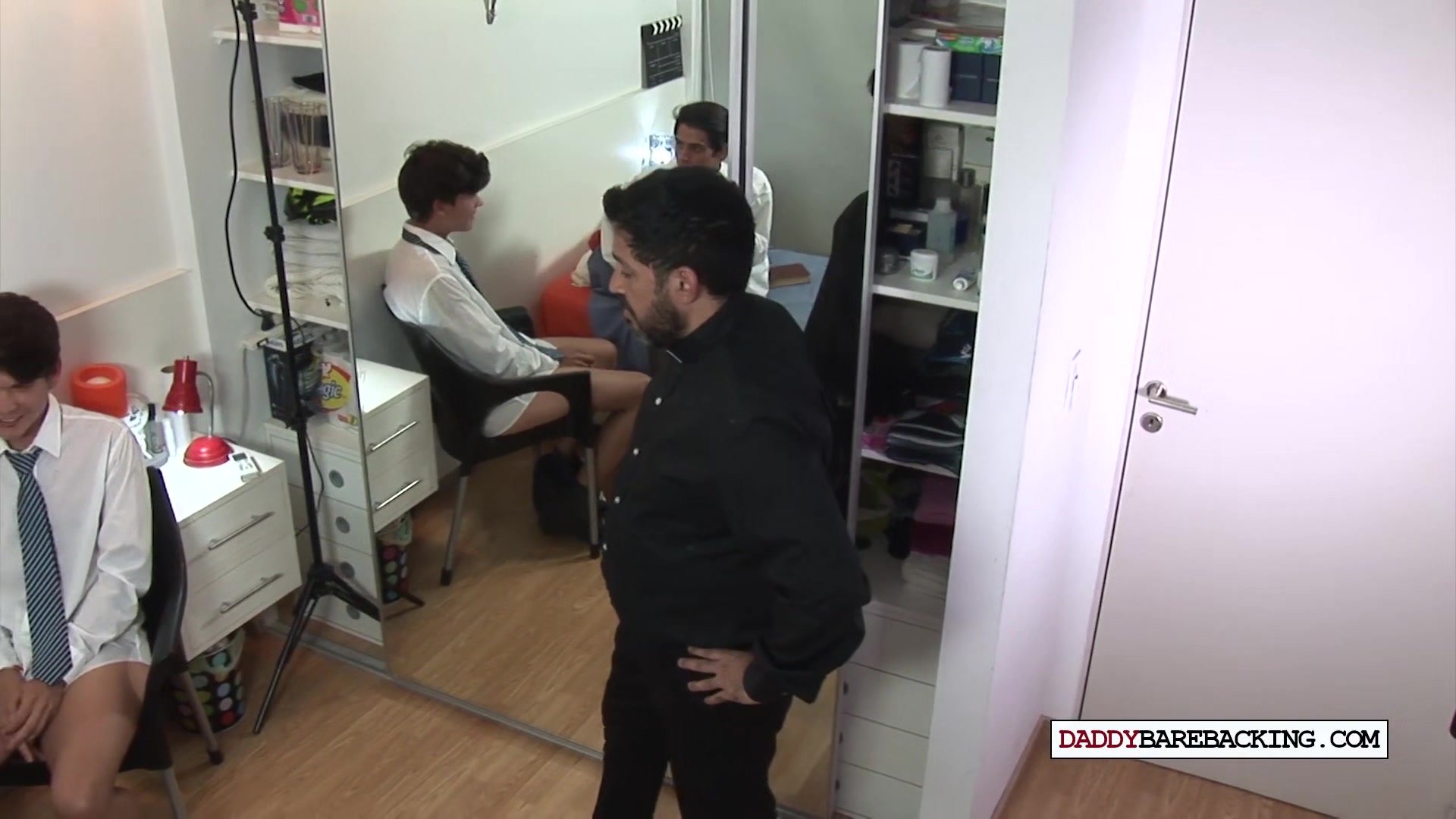 Latin DILF joins twinks for bj and bareback threesome