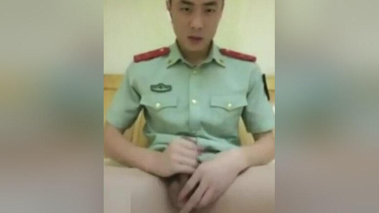 Chinese military guy masturbating