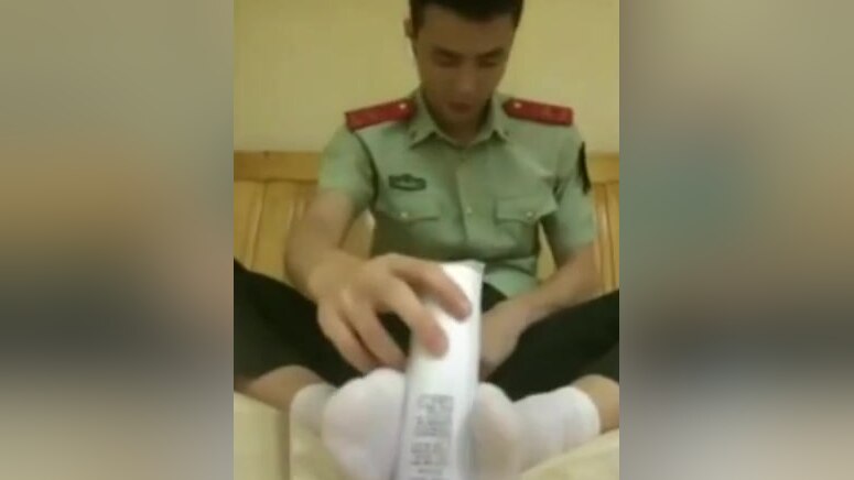 Chinese military guy masturbating