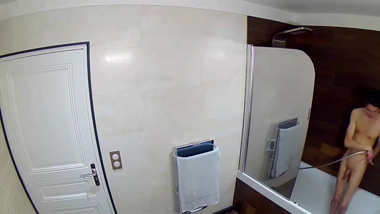 Shower of a skinny teen 18+ boy peeing washing his cock and his nipples
