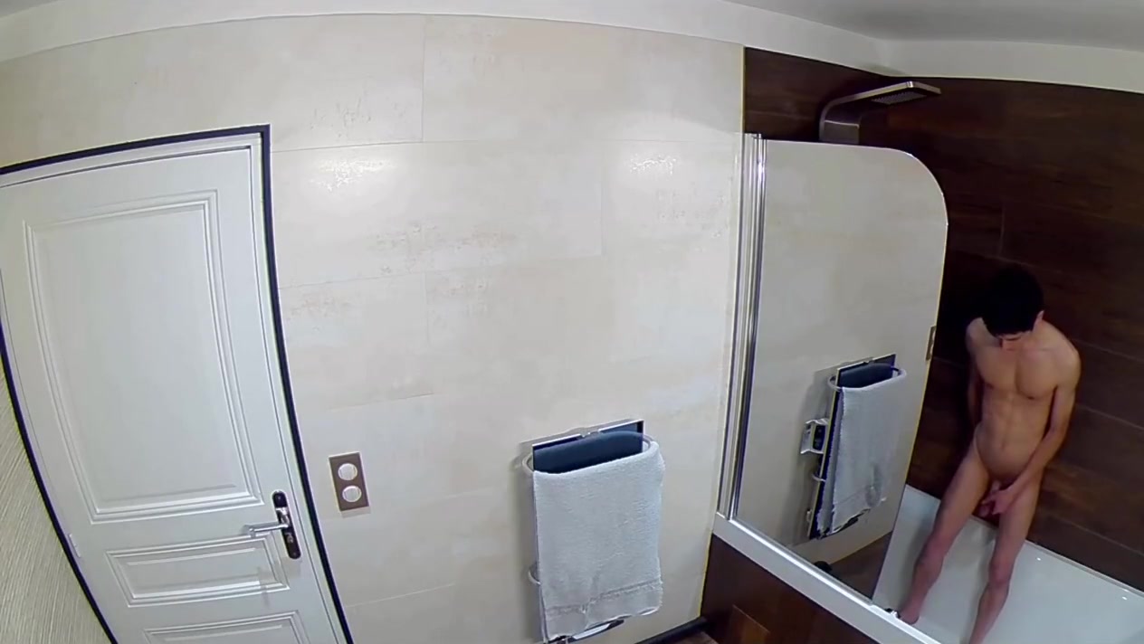 Shower of a skinny teen 18+ boy peeing washing his cock and his nipples