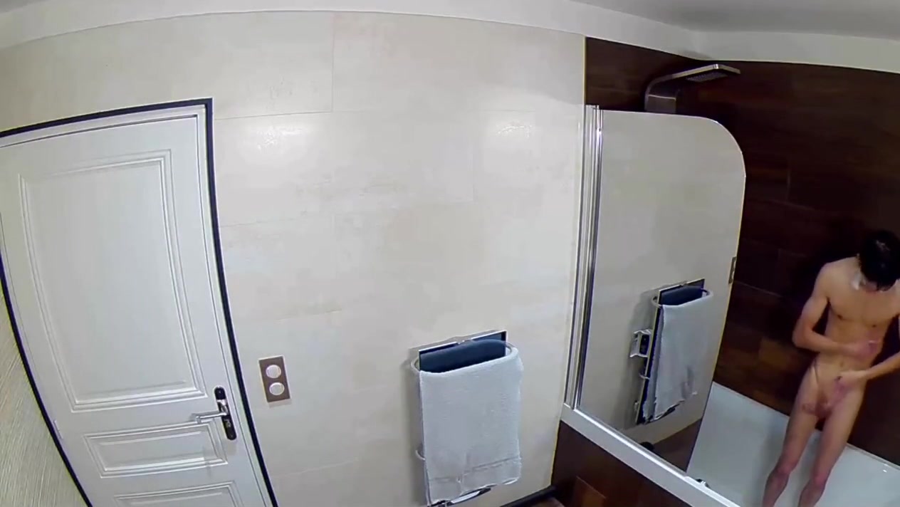 Shower of a skinny teen 18+ boy peeing washing his cock and his nipples