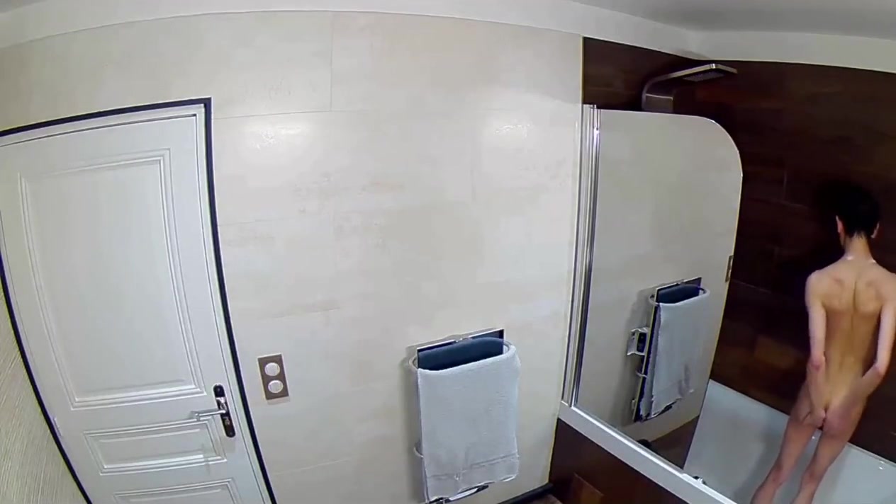 Shower of a skinny teen 18+ boy peeing washing his cock and his nipples