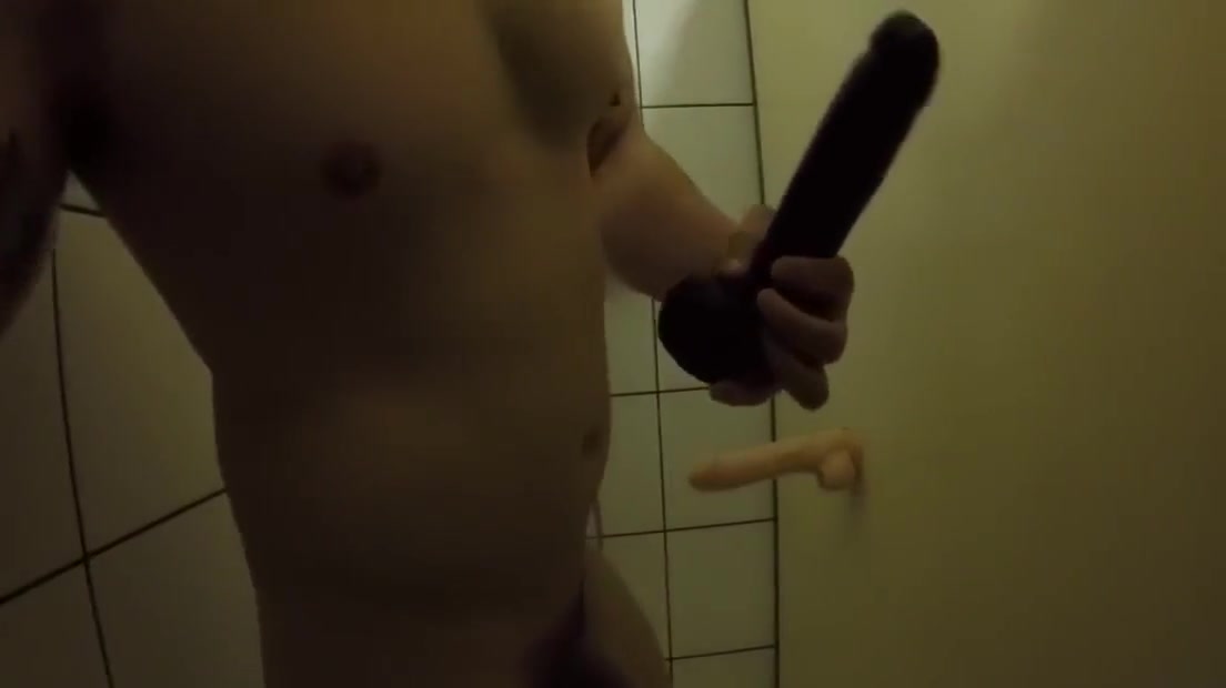 Stud delivers amazing Cumshot riding huge dildo in public shower