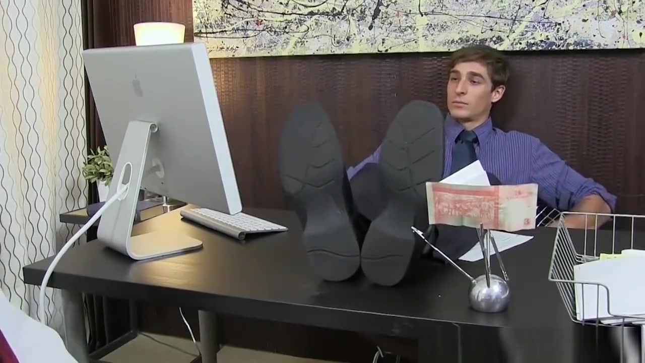 Pervert employee worships boss feet after work in his office