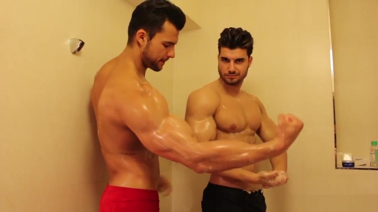 Muscular Step brothers flex and worship in shower