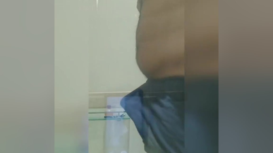Fat guy with small penis masturbating and peeing in the shower