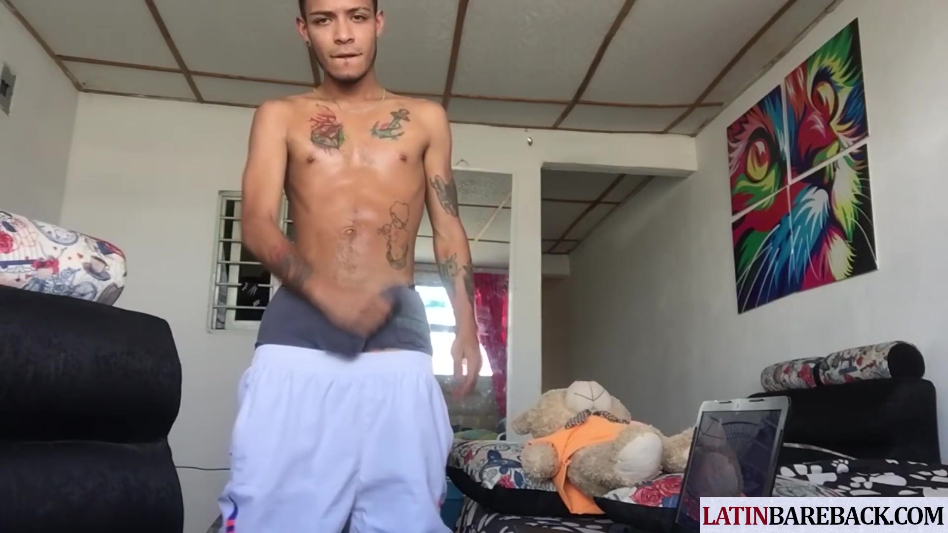 Inked Latin twink strips clothes and strokes his pecker