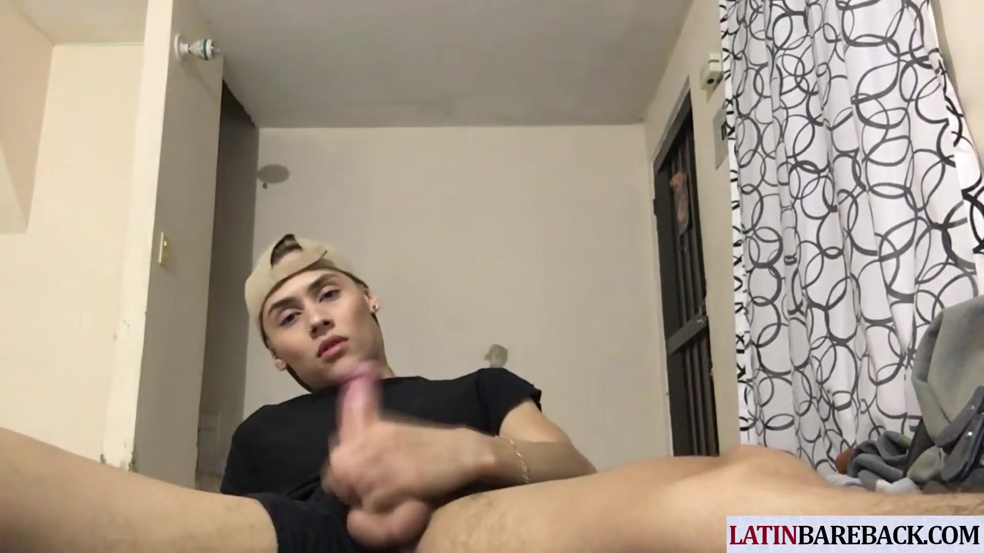 Slender Latino fingers butt while stroking schlong in solo