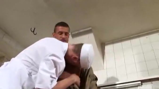 Gay military sex in kitchen