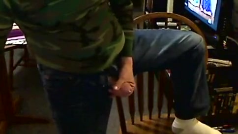 Jeans, army shirt and cock