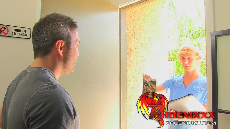 Attractive gay hunk Brock Landon pounds blonde twink Evan