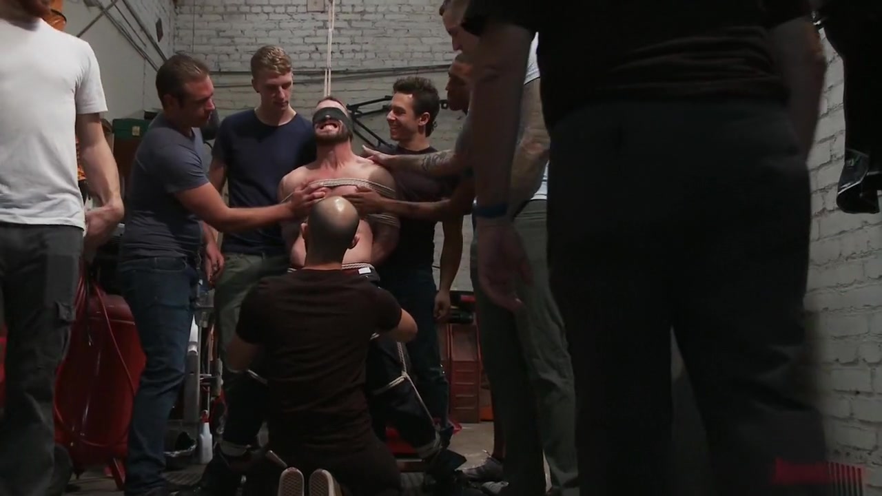 Muscled mechanic, bound, fucked from both ends, and doused with cum
