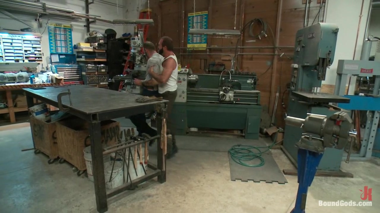 Motor oil bondage fuck in the metal shop