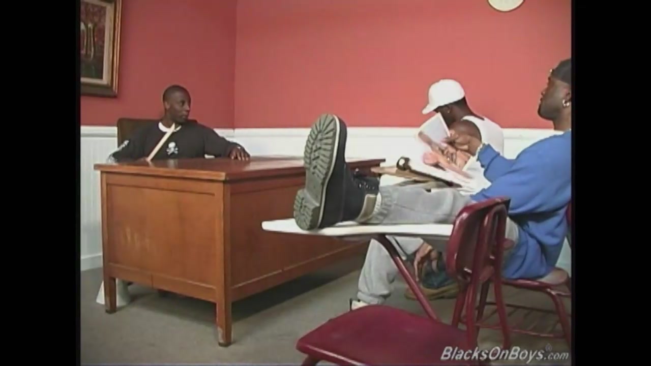 A black teacher and two black students 18+ sharing a white guy