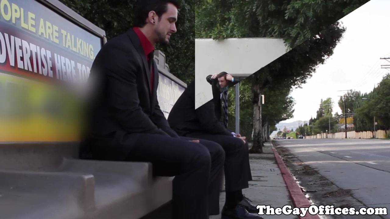 Suited guy fucked by muscular tattooed stud