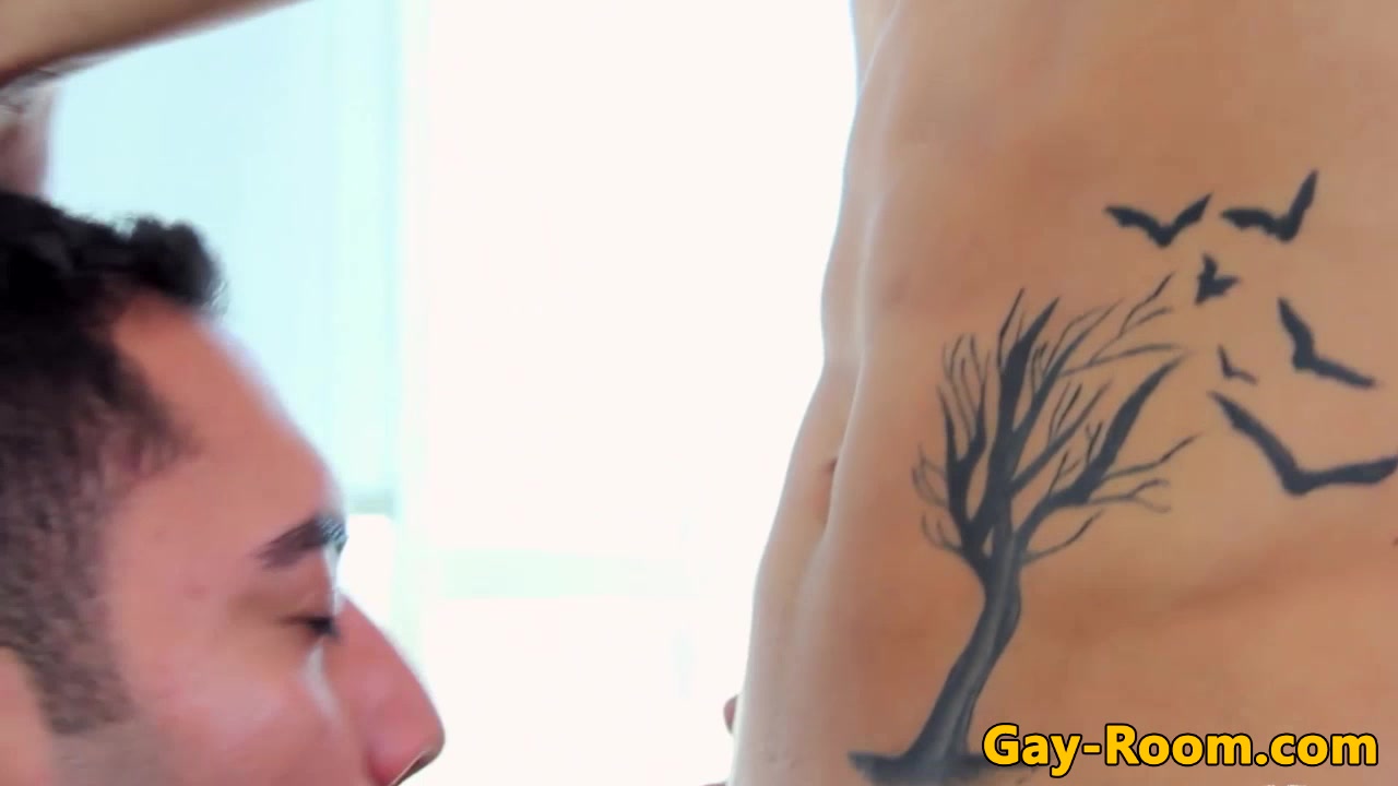 Tattooed twink spitroasted by hunks