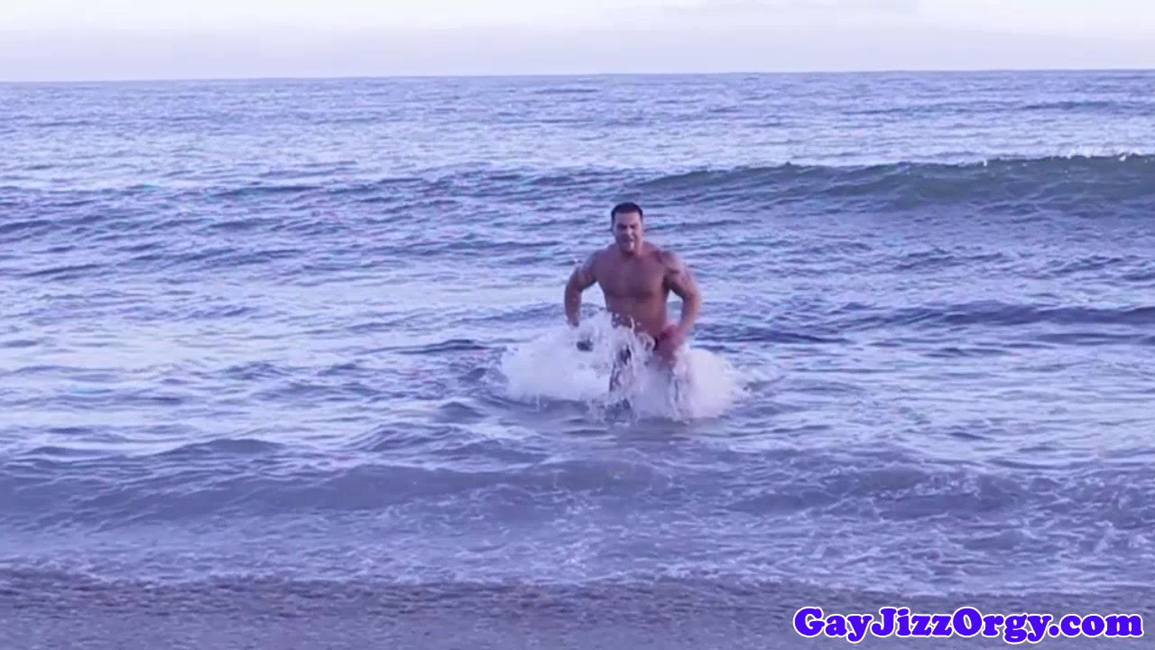 Bukkake beach bears cum covering after anal