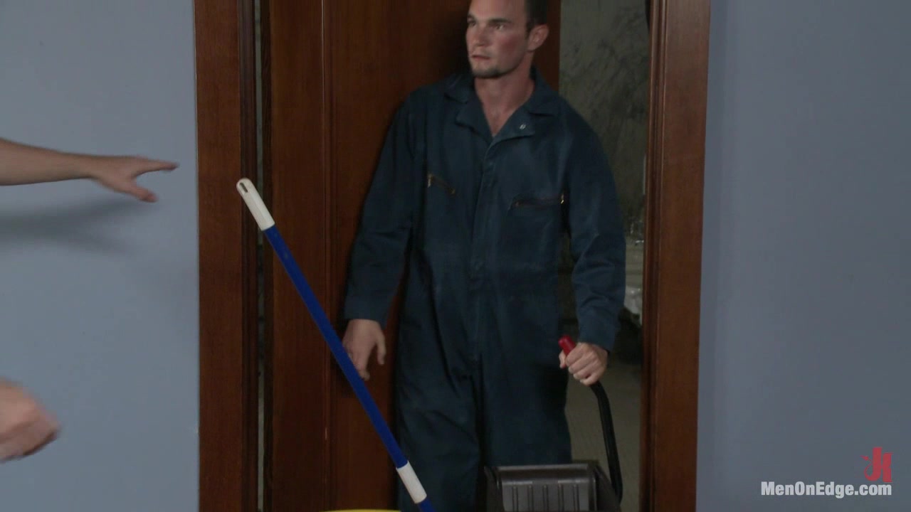 Hot janitor endures relentless edging at an airport restroom