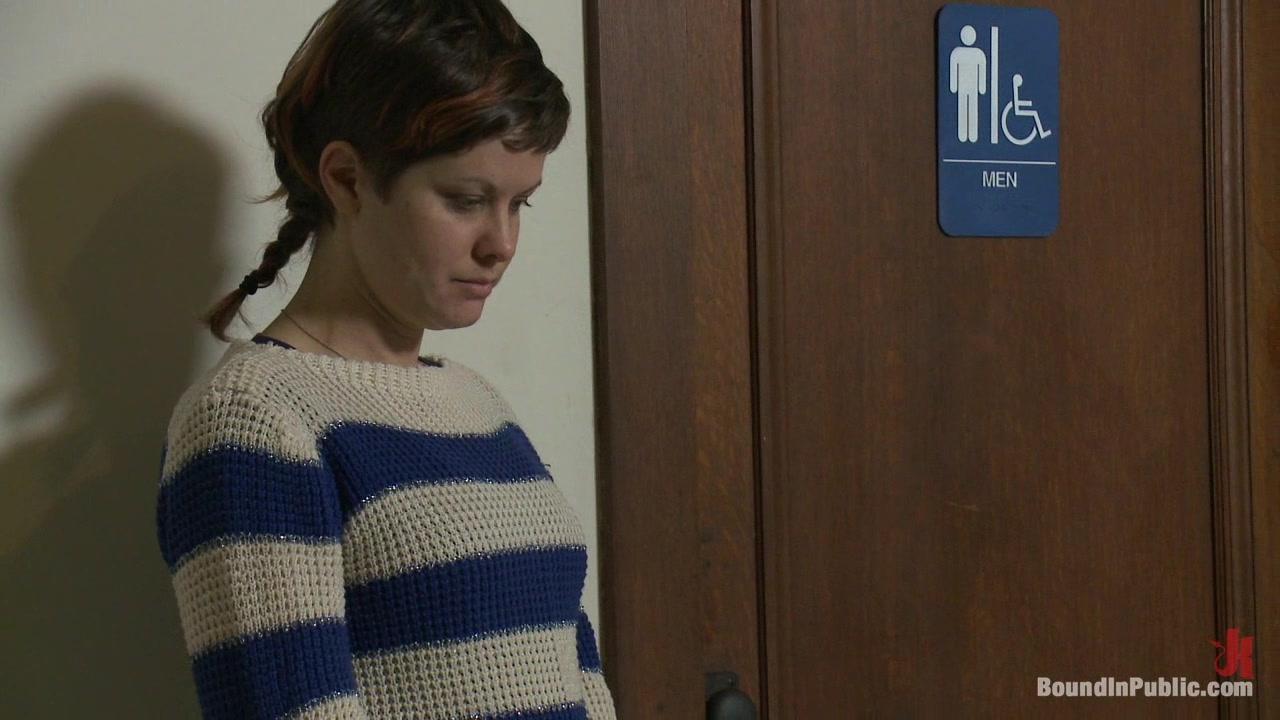 Bound in Public. Straight stud gets gang fucked in a crowded cruising bathroom