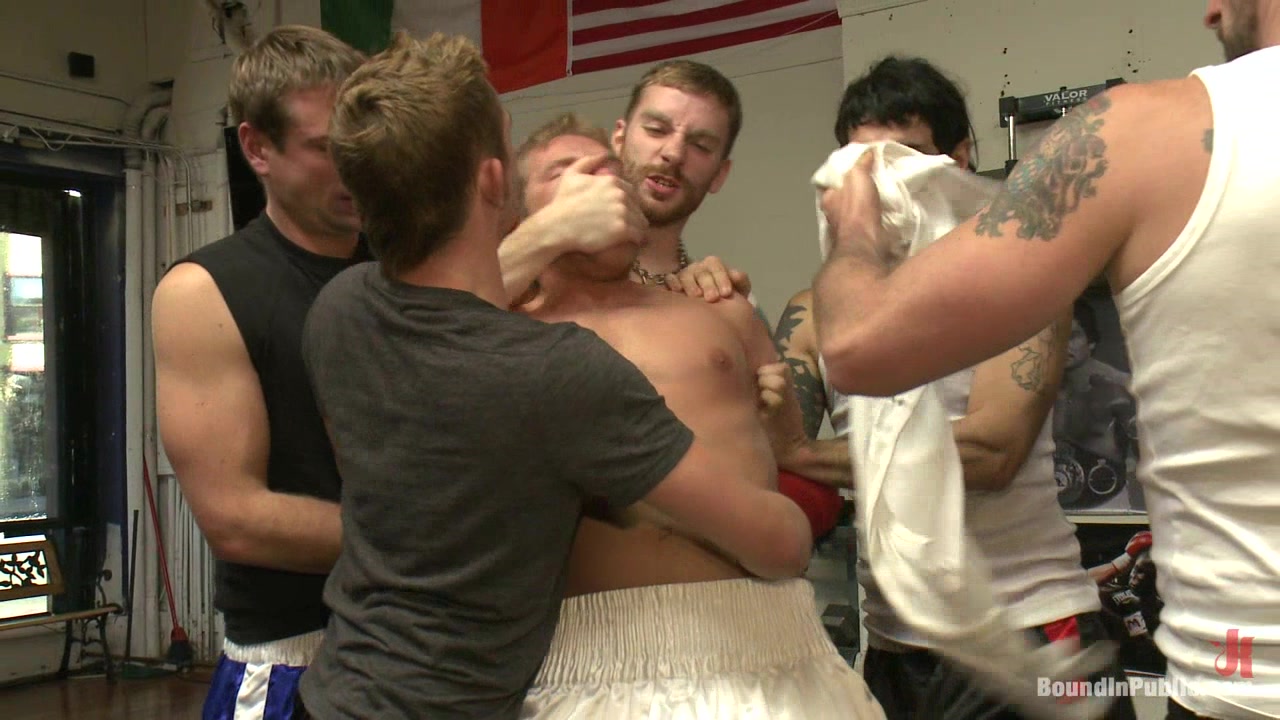 Bound in Public. Loudmouth muscle head gets taken down and gang fucked at a boxing gym