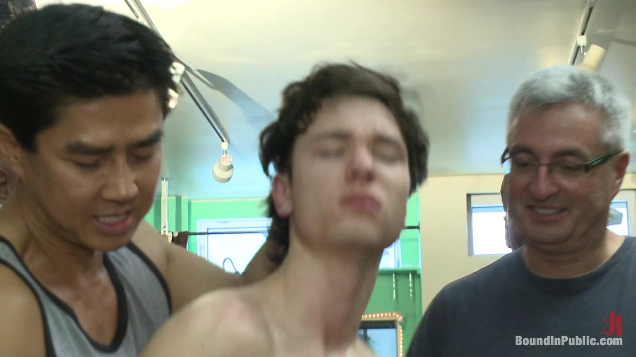 Bound in Public. Horny crowd jumps on a ripped stud in a skate shop