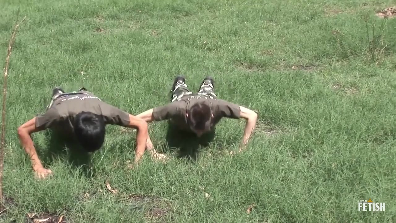Gay twinks in military uniform fuck on the instruction field