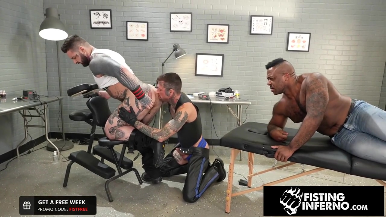 Big Black Cock Client Spitroasted By Hunk Tattooers