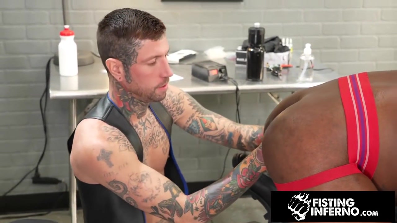 Big Black Cock Client Spitroasted By Hunk Tattooers