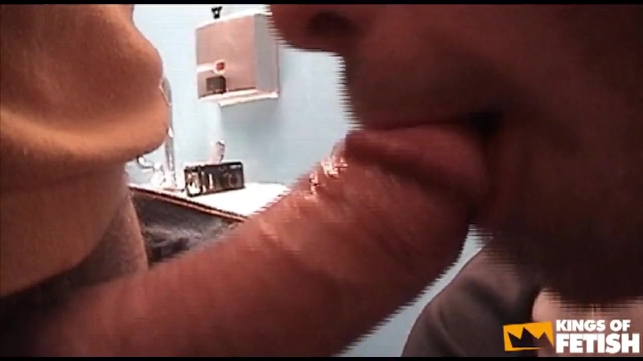 Mature man masturbates in the toilet before sucking two guys with big cocks