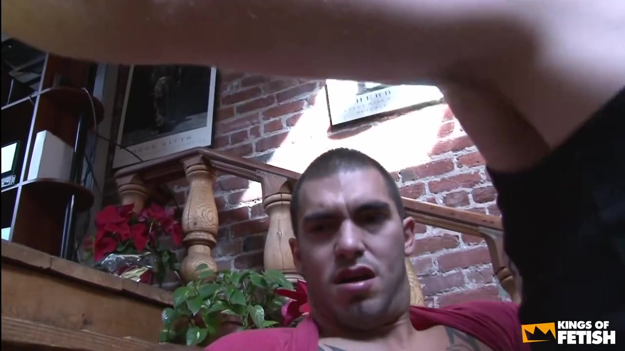 Tattooed guy gets his hairy ass rammed and creampied on the stairs