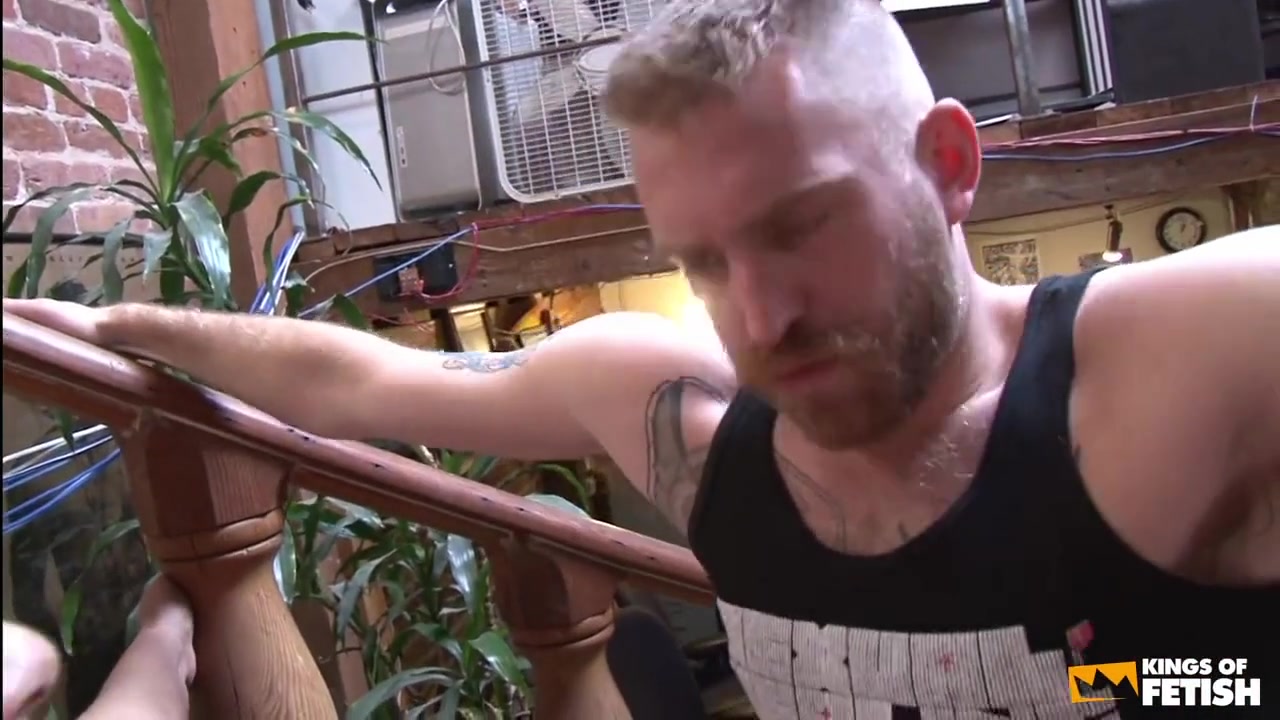Tattooed guy gets his hairy ass rammed and creampied on the stairs