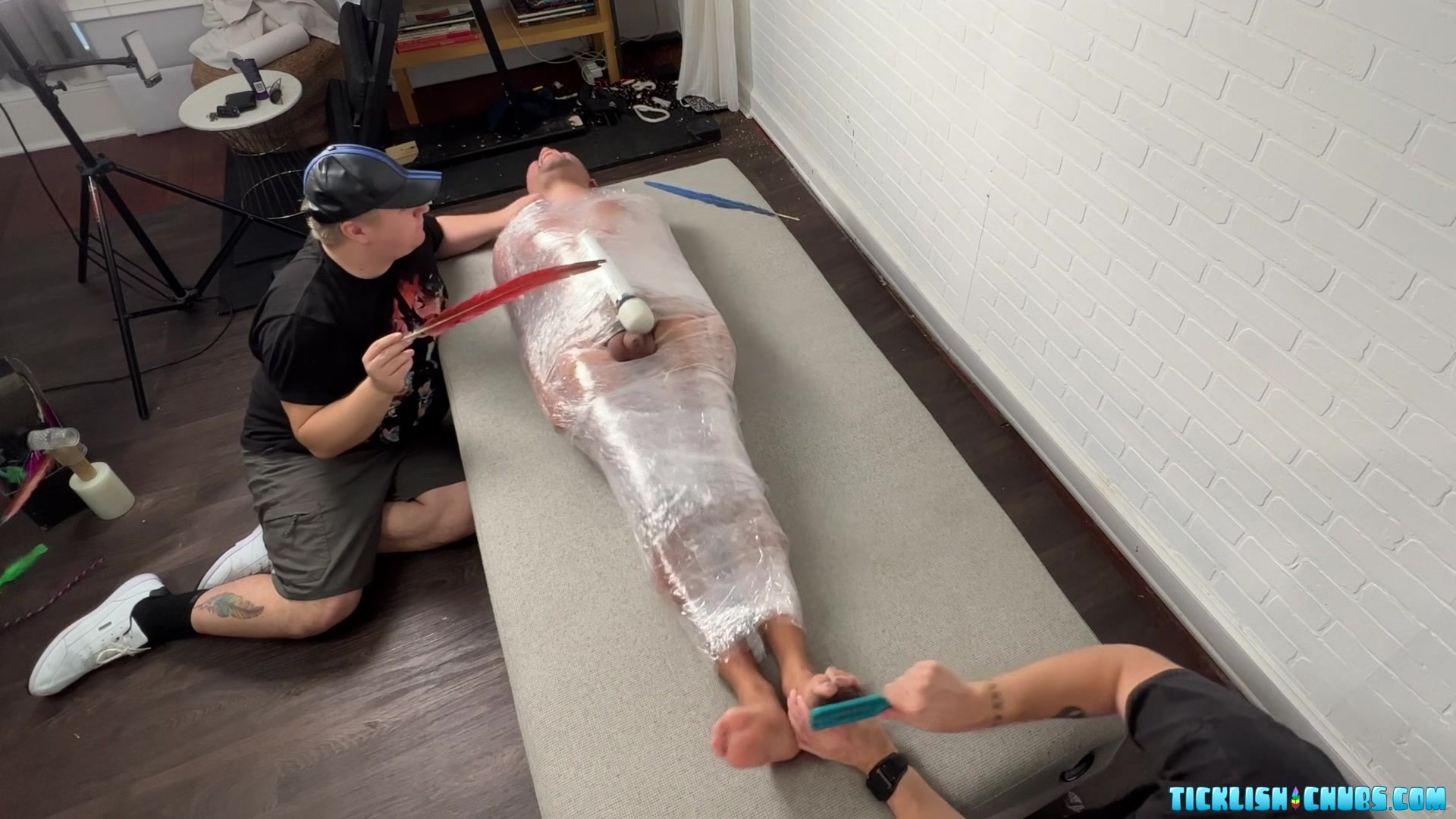 Matt and Ryder Stimulate Tickles On Mummified Pup Saki