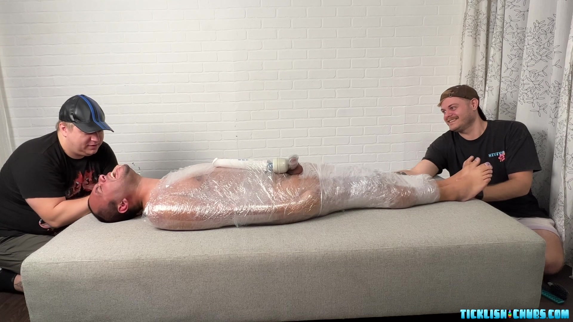 Matt and Ryder Stimulate Tickles On Mummified Pup Saki