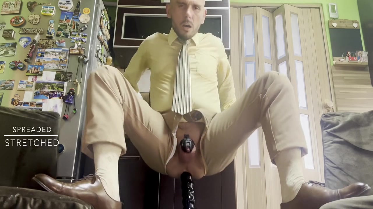 Suited Gentleman Is Spreading Legs Like Slut And Plays With His Malepussy With Locked Dick