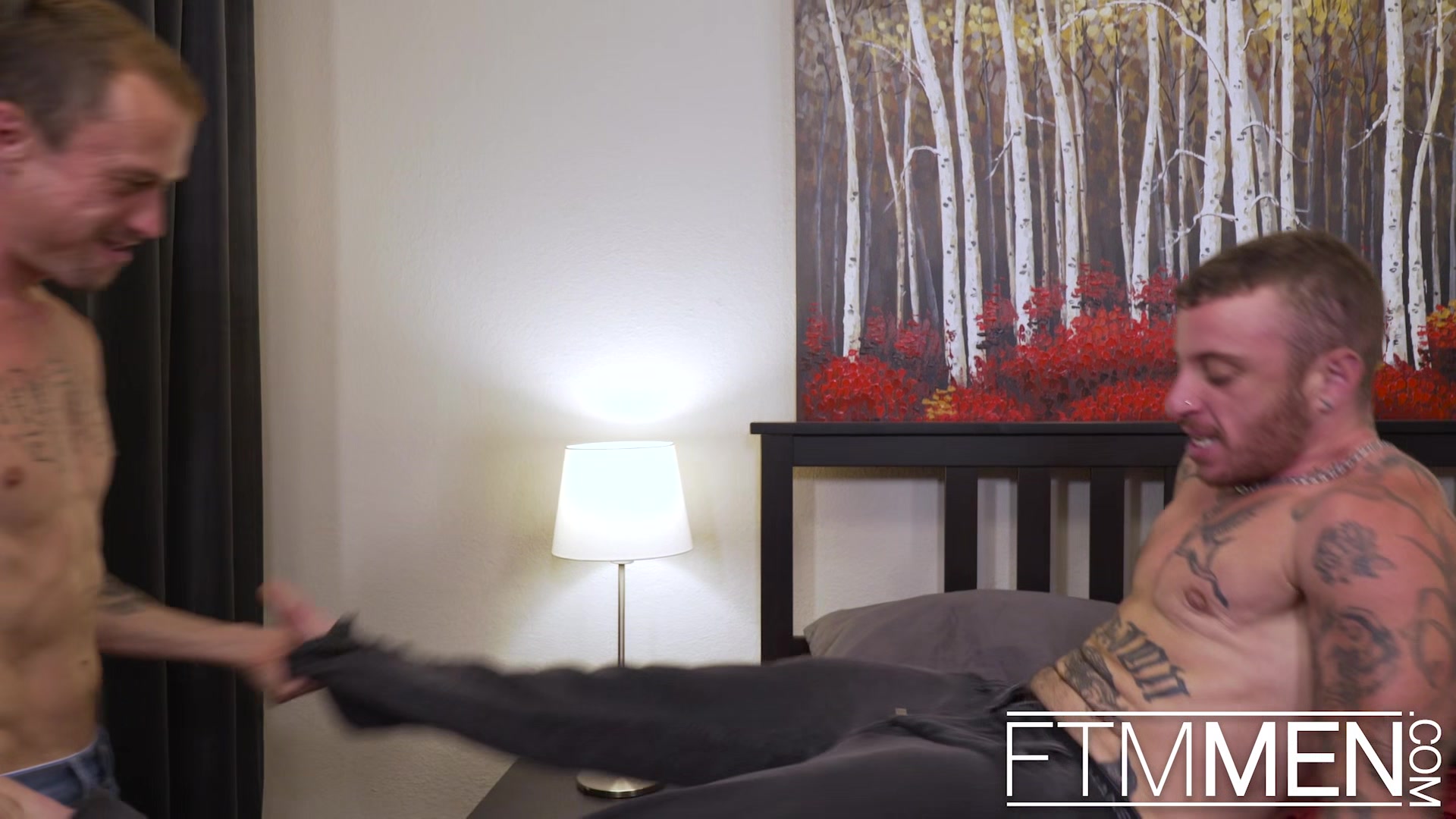 FTM Men Tall toned tatted stud Tommy Deetz sucks off juicy FTM Tdick