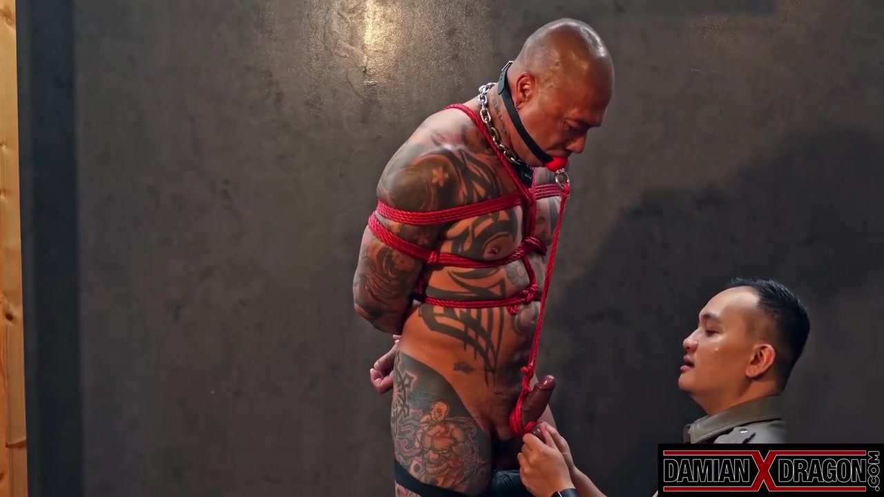 Bound Muscular Damian Dragon Jerks Off Massive Cock