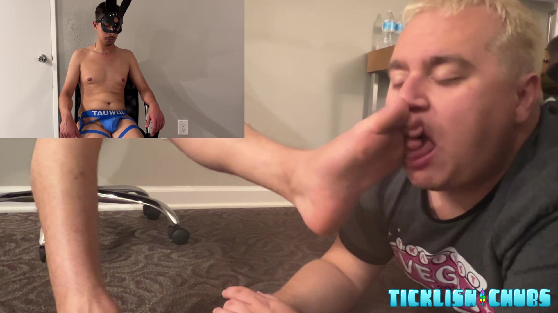 TicklishChubs: Masked Bunny Lies Back For Some Foot Worship With Fat Matt