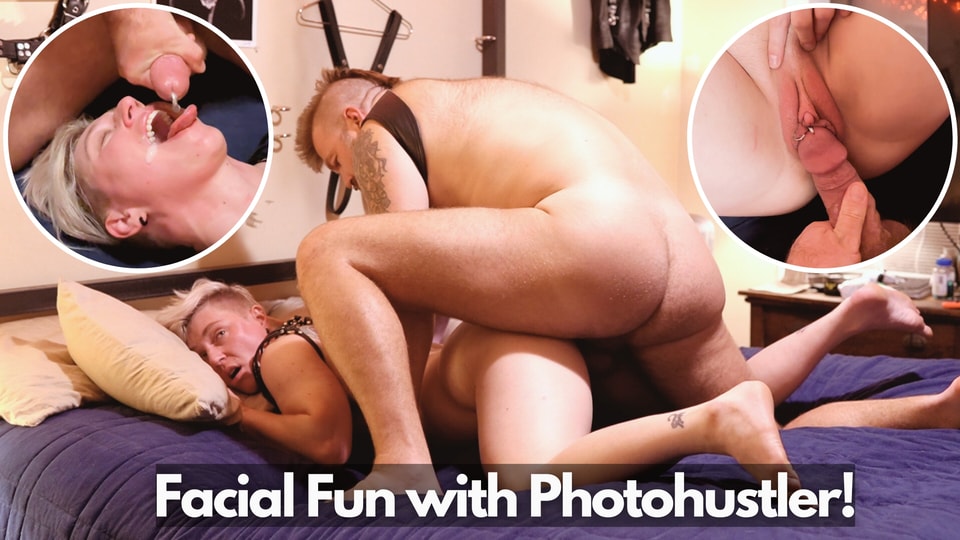 Thick Gay Leather Bear Photohustler Fucks and Facials FtM Trans Twunk with His Pierced Cock
