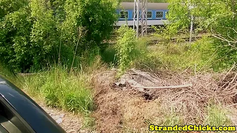 Stranded babe sucking and fucking in the car
