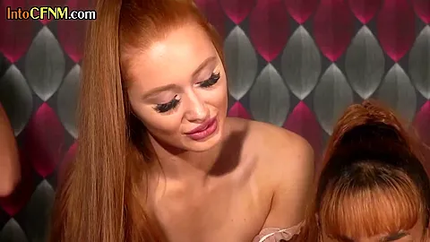 CFNM Brit femdom babes suck cock in group HJ massage