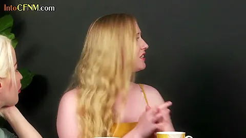 CFNM Euro femdoms wank cock for cum in group action