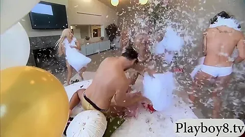 Big Tits Women Pillow Fighting With Their Male Partners