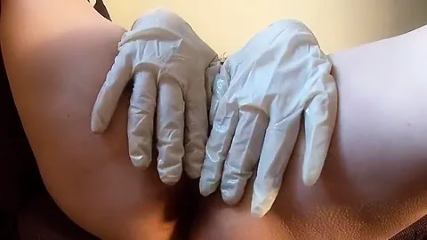 Loads Of Lube And Finger With Gloves In Hairy Pussy