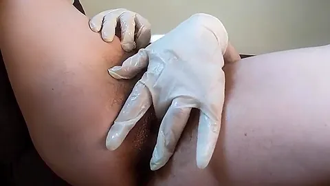 Loads Of Lube And Finger With Gloves In Hairy Pussy