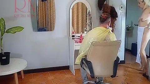 Nudist Barbershop. Nude Lady Hairdresser In An Apron. The Client Is Surprised. 3