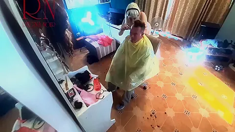 Nudist Barbershop. Nude Lady Hairdresser In An Apron. The Client Is Surprised. 3
